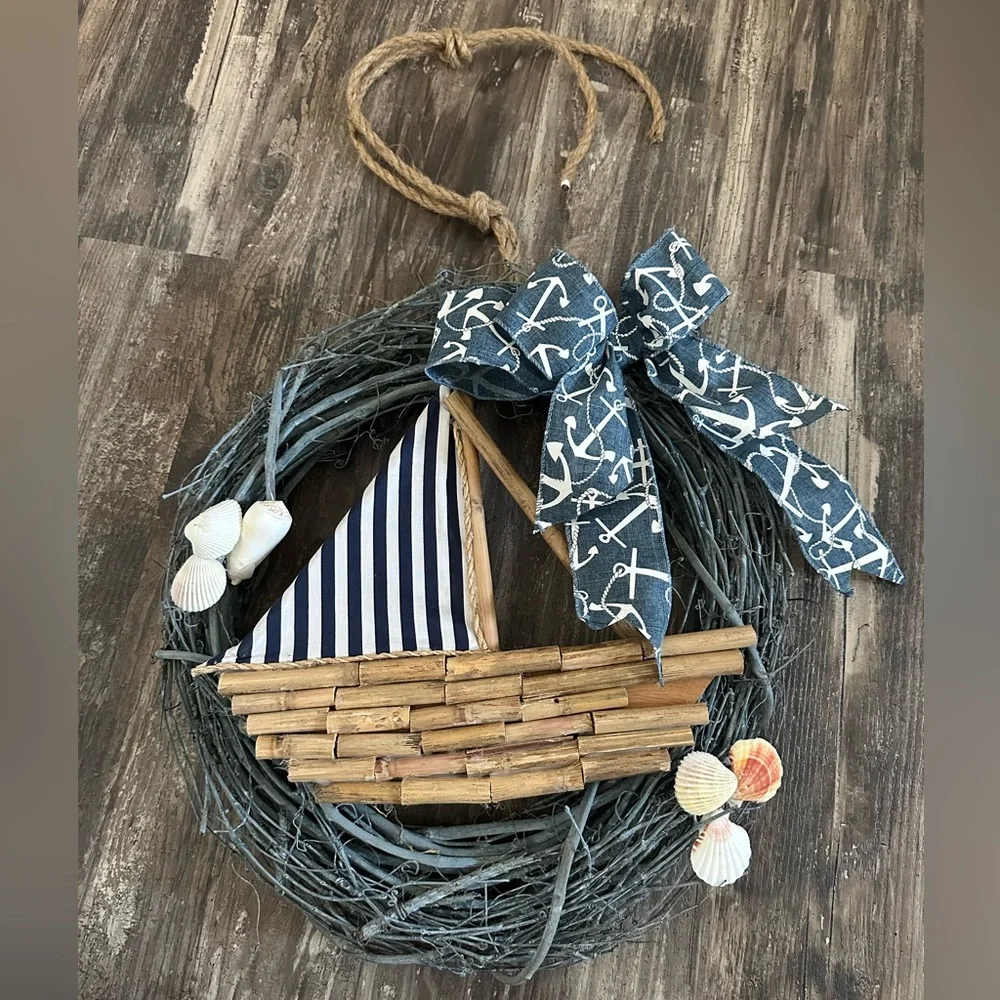 Nautical Sailboat Wreath With Blue Anchor Bow And Shells